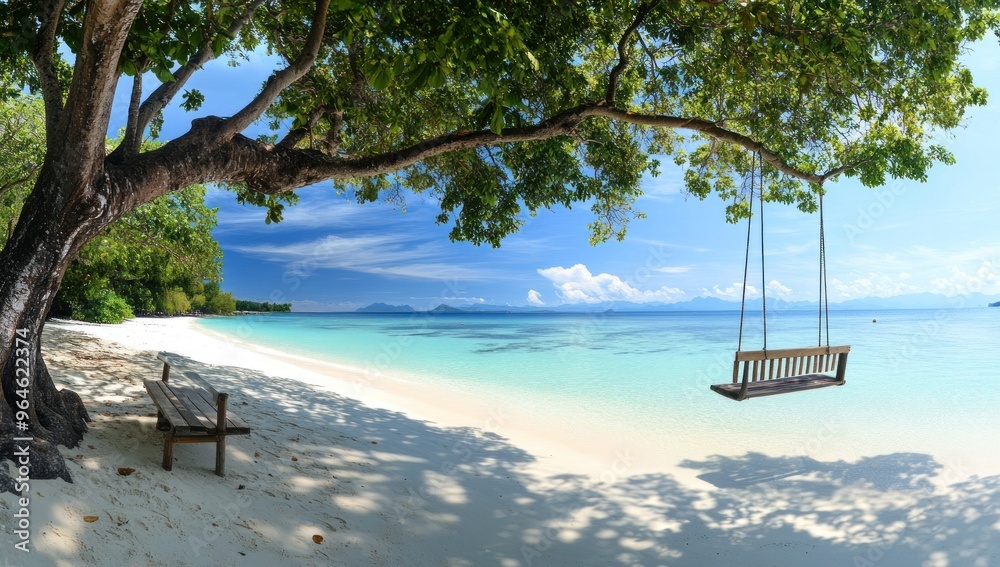 Tropical Beach with Swing and Bench Under a Palm Tree Tropical Beach with Swing and Bench Under a Palm Tree