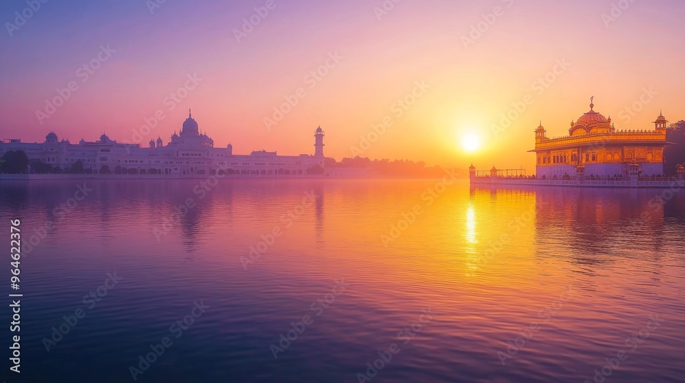 Naklejka premium Serene Lake at Sunset with the Sikh Golden Temple 