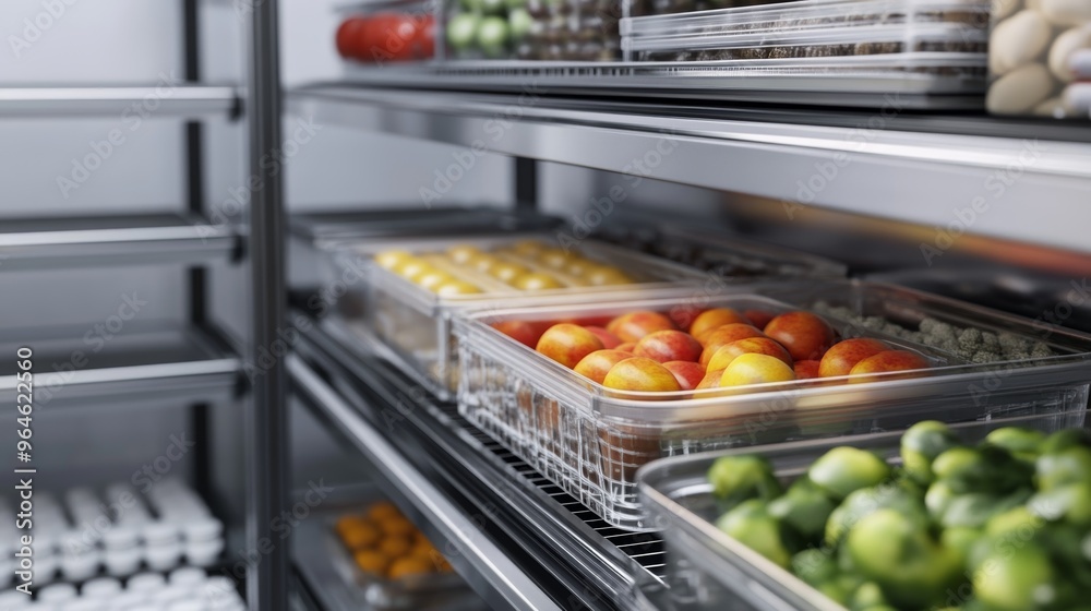Organized Food Storage System with Fresh Produce in Clear Containers on Stainless Steel Shelves Organized Food Storage System with Fresh Produce in Clear Containers on Stainless Steel Shelves