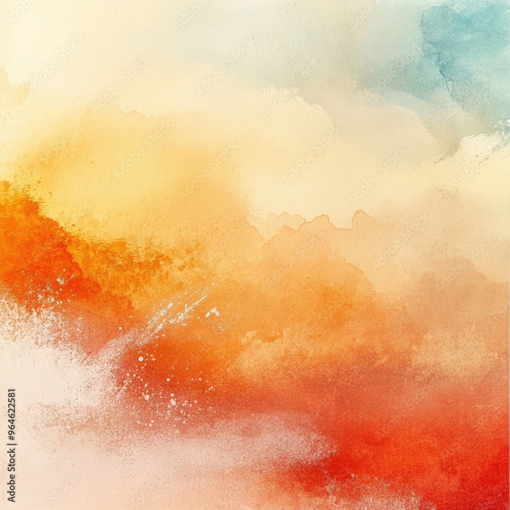 Fototapeta premium A beautiful watercolor abstract background featuring soft hues of orange, yellow, and blue, perfect for creative designs.