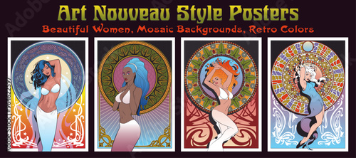 Art Nouveau Style Female Posters. Beautiful Women, Mosaic Backgrounds, 1900s- 1920s Style Illustrations. Colors and Shapes