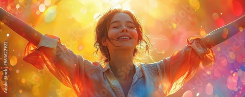 A person conquering a fear, with a triumphant smile and arms raised in victory.