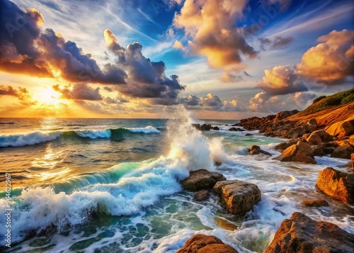 Calming High Definition Scene of Ocean Waves Crashing on Rocky Shore with Soothing and Dreamy Moods photo