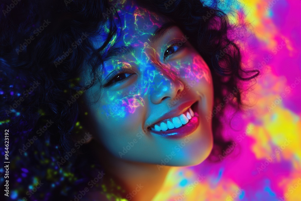 A young Asian woman smiles against a vibrant melted colorful backdrop, radiating joy and positivity. Her natural expression is perfect for projects focusing on happiness and energy.