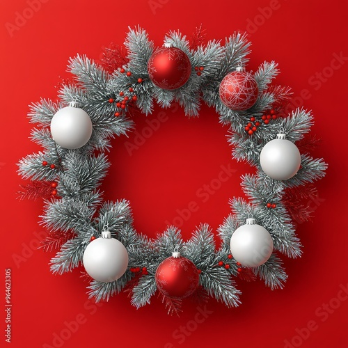 Christmas red background with realistic decoration round ring from glass light garland. Merry Christmas Greeting card. Happy new year. ai generated
