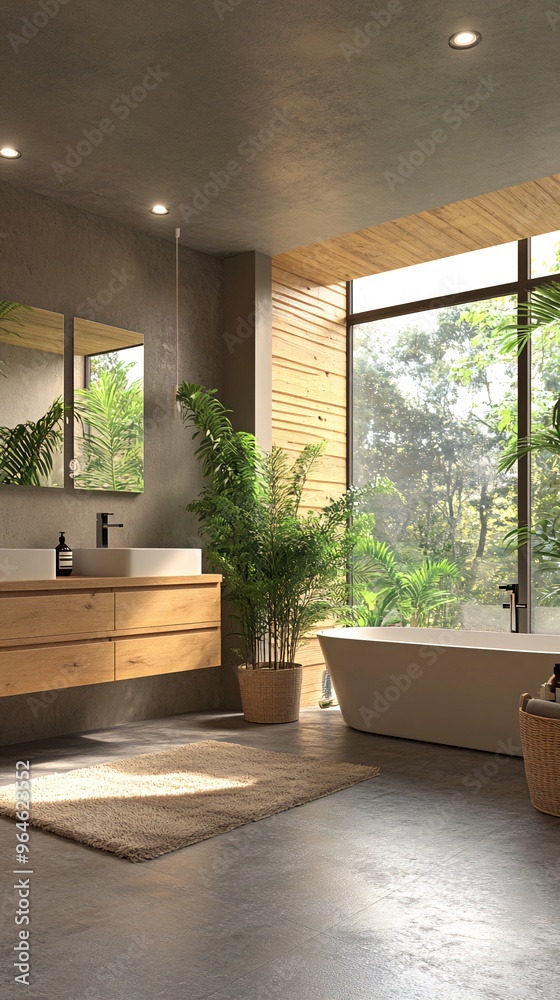 Fototapeta premium Modern bathroom with a large window, wooden cabinets, and a freestanding bathtub.