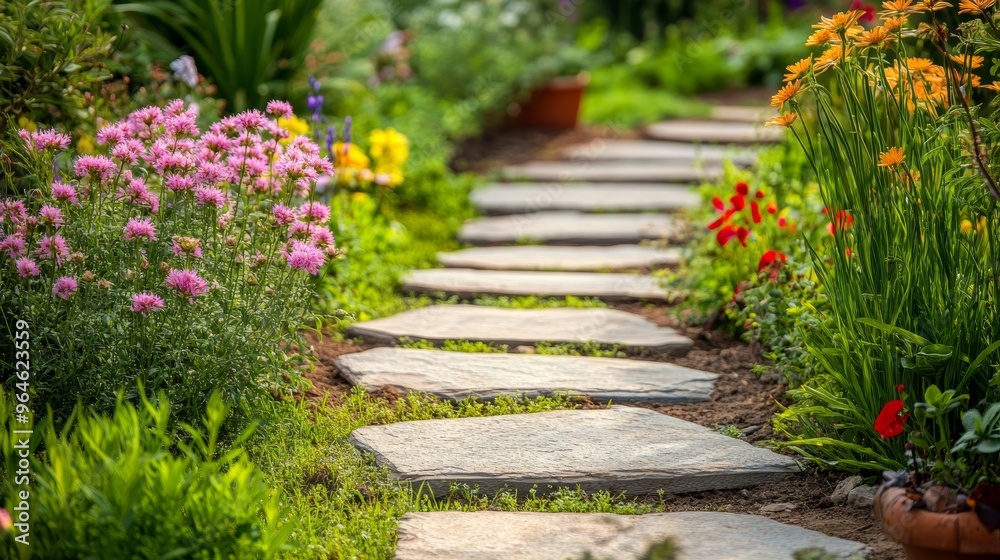 Rustic Cement Path Winding Through a Lush Garden with Vibrant Flowers and Stepping Stones Rustic Cement Path Winding Through a Lush Garden with Vibrant Flowers and Stepping Stones