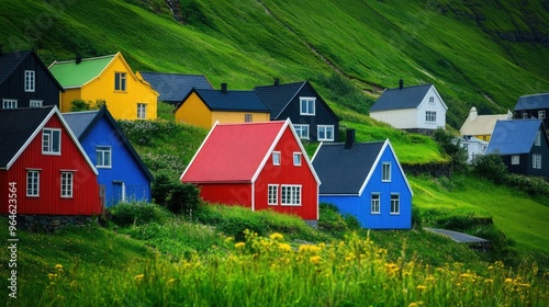 The vibrant colors of a Faroese village, with red, blue, and yellow houses nestled in the green landscape.