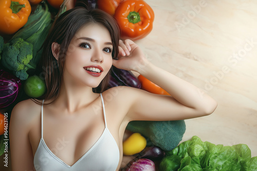 Smiling woman in sportswear holding green and orange juices in a modern kitchen surrounded by fresh vegetables and fruits. copy space