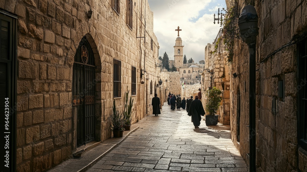 Obraz premium Historic Via Dolorosa in Jerusalem with Christian Pilgrims Walking the Path 