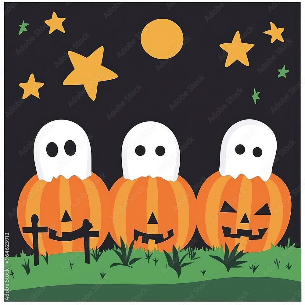 Obraz premium Jack-o'-lantern with a Bat and Graveyard