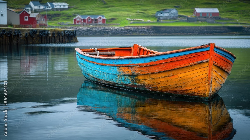 Obraz premium The vibrant colors of a traditional Faroese fishing boat docked in a quiet harbor.