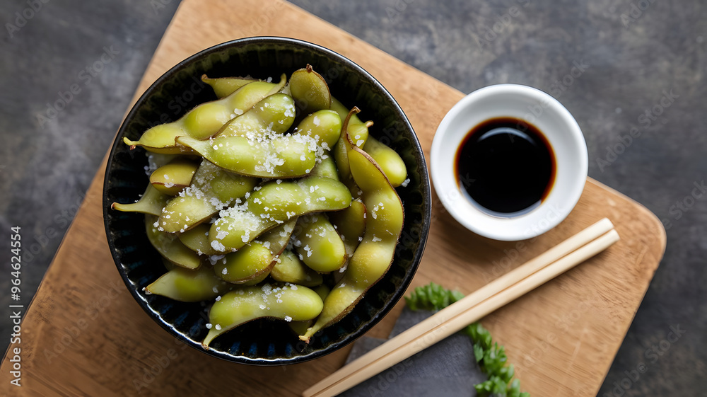A bowl of edamame beans sprinkled with sea salt and served with soy sauce on the side, presented in a black ceramic bowl. A bowl of edamame beans sprinkled with sea salt and served with soy sauce on the side, presented in a black ceramic bowl.