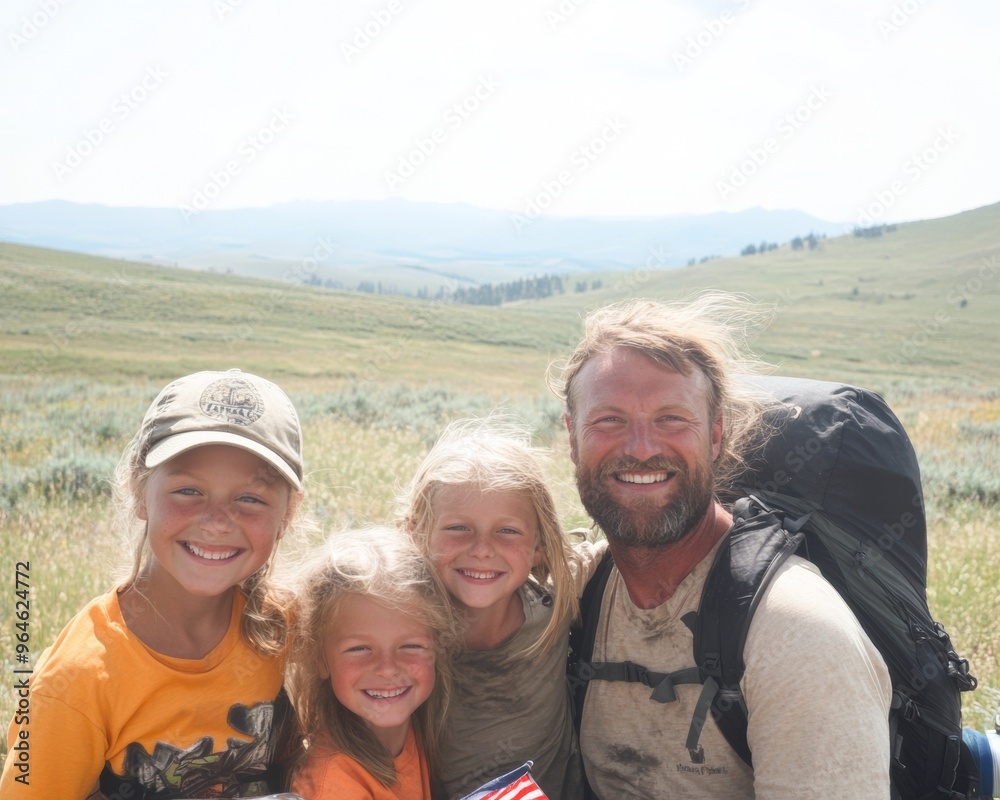 Happy Family Hikers Celebrating in National Park Wilderness with Scenic Mountain Background Happy Family Hikers Celebrating in National Park Wilderness with Scenic Mountain Background