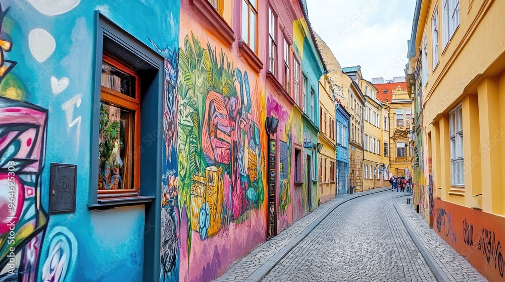 Naklejka premium The vibrant street art along the walls of Prague's trendy district, adding a modern twist to the historic city.