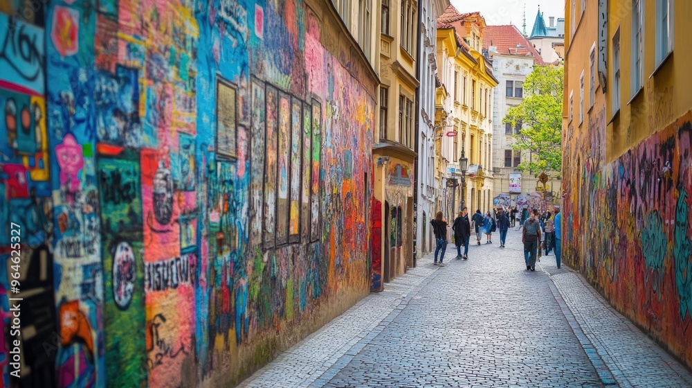 Fototapeta premium The vibrant street art along the walls of Prague's trendy district, adding a modern twist to the historic city.