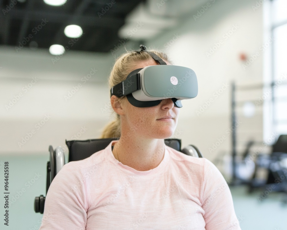Female Athlete Using VR Headset for Training in a Modern Indoor Setting Female Athlete Using VR Headset for Training in a Modern Indoor Setting