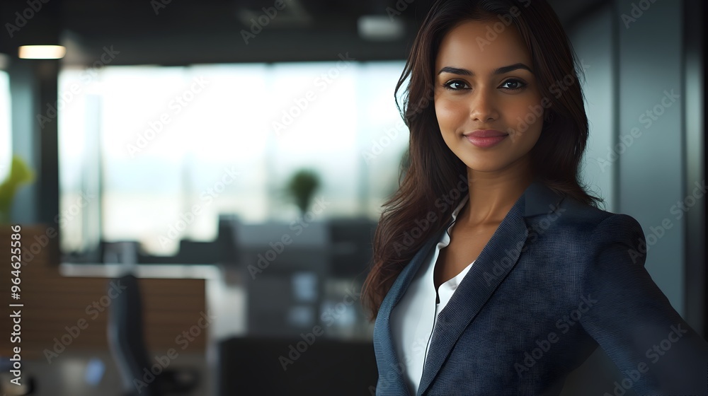 Confident and Elegant Indian Businesswoman in Modern Office Setting Confident and Elegant Indian Businesswoman in Modern Office Setting