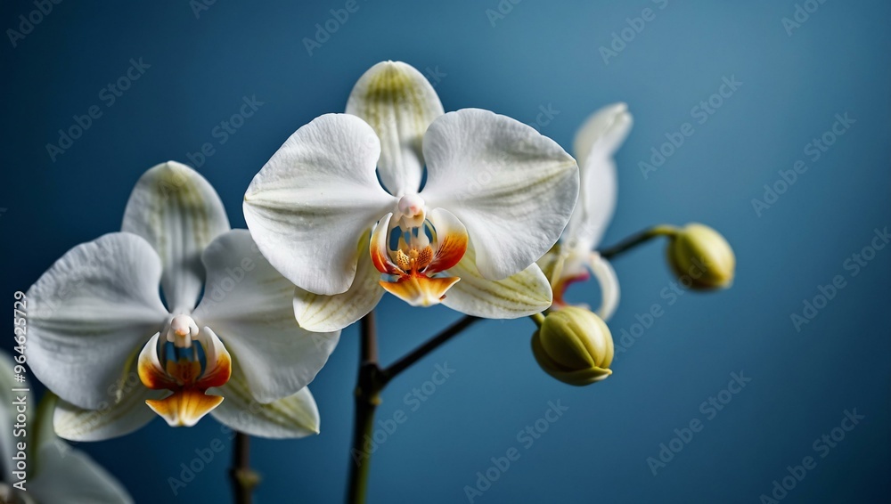 Defocused white orchid against blue background, ideal for text or design. Defocused white orchid against blue background, ideal for text or design.