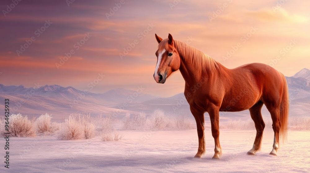 A horse standing in a field with mountains behind it, AI A horse standing in a field with mountains behind it, AI