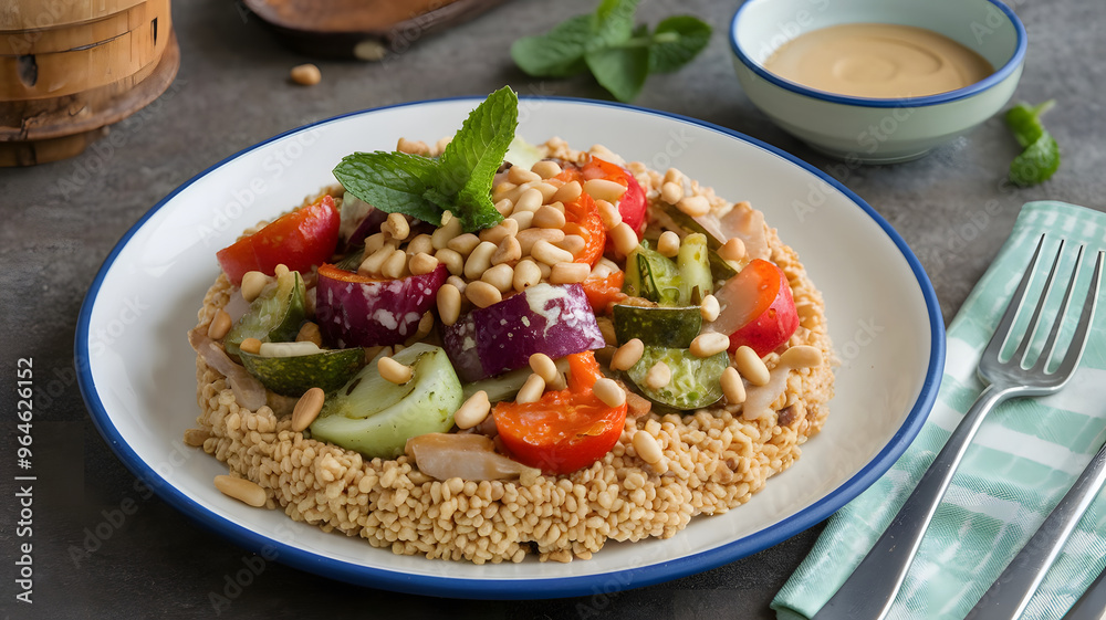 A plate of Middle Eastern freekeh with roasted vegetables, toasted pine nuts, and a tahini dressing, garnished with fresh mint leaves. A plate of Middle Eastern freekeh with roasted vegetables, toasted pine nuts, and a tahini dressing, garnished with fresh mint leaves.