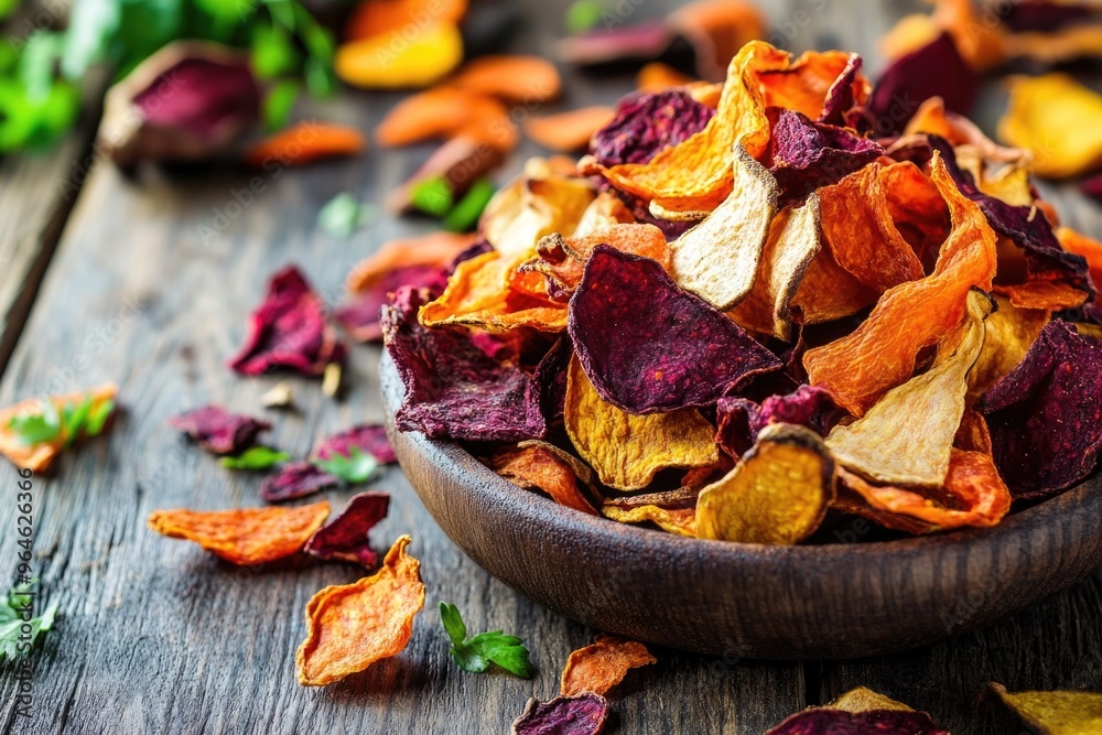 Healthy colorful vegetable chips made from beet, celery, carrots and potatoes Healthy colorful vegetable chips made from beet, celery, carrots and potatoes
