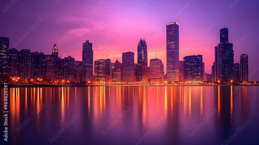 Obraz premium Glittering City Skyline at Dusk Panoramic View of Bustling Urban Landscape