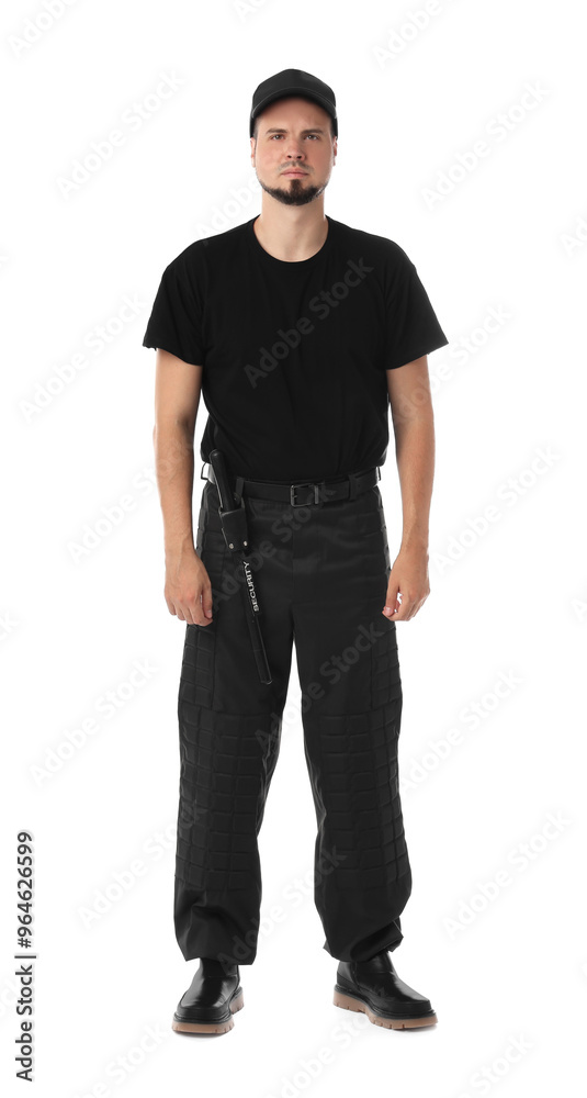 Young bodyguard with baton isolated on white Young bodyguard with baton isolated on white