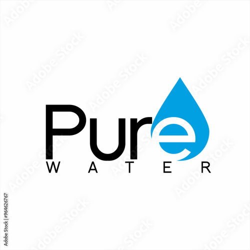 Design of the word "Pure Water" with an illustration of a water drop symbol on the letter E.