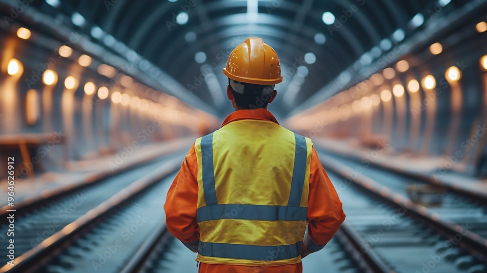 Construction Worker Inspecting Underground Railway Tunnel with Illuminated Lights
Construction Worker Inspecting Underground Railway Tunnel with Illuminated Lights