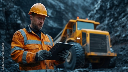 Construction Worker Using Digital Tablet at Mining Site with Heavy Dump Truck in Background
