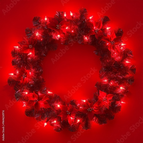 Christmas red background with realistic decoration round ring from glass light garland. Merry Christmas Greeting card. Happy new year. ai generated