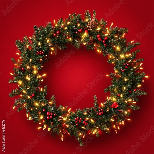 Christmas red background with realistic decoration round ring from glass light garland. Merry Christmas Greeting card. Happy new year. ai generated