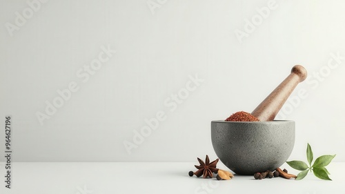 Indian spice grinder, mortar and pestle with spices, 3D illustration