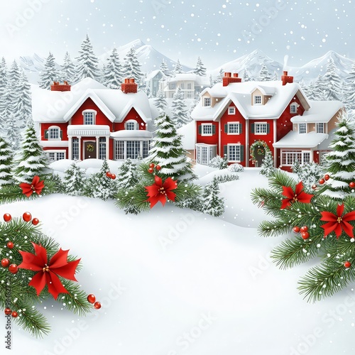 Christmas red background with realistic decoration round ring from glass light garland. Merry Christmas Greeting card. Happy new year. ai generated