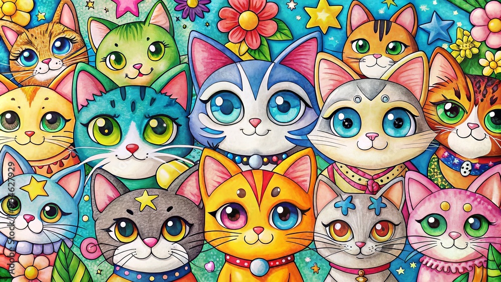 Fototapeta premium colorful cat characters anime-inspired cat coloring pages