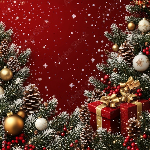 Christmas red background with realistic decoration round ring from glass light garland. Merry Christmas Greeting card. Happy new year. ai generated