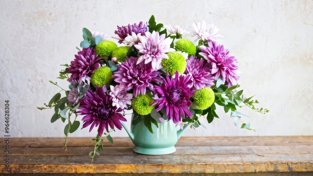 A bouquet of purple and green flowers, including chrysanthemums, pink daisies, sage leaves and several small white or yellow flowers. A bouquet of purple and green flowers, including chrysanthemums, pink daisies, sage leaves and several small white or yellow flowers.