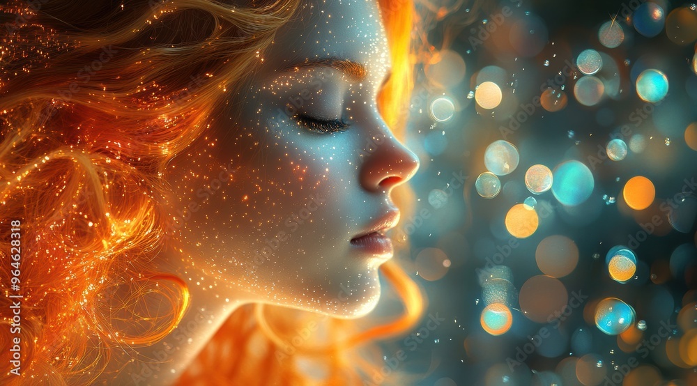 A closeup of a woman's face intertwined with delicate, twinkling fairy lights, casting a gentle, mesmerizing glow. A closeup of a woman's face intertwined with delicate, twinkling fairy lights, casting a gentle, mesmerizing glow.