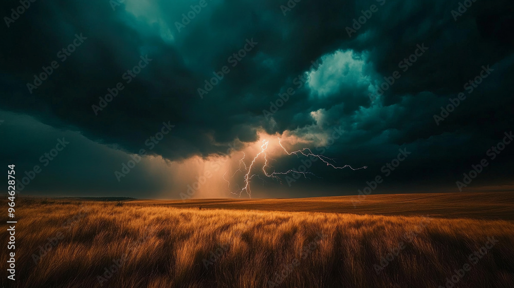 Dramatic Lightning Strike Over Golden Field Dramatic Lightning Strike Over Golden Field