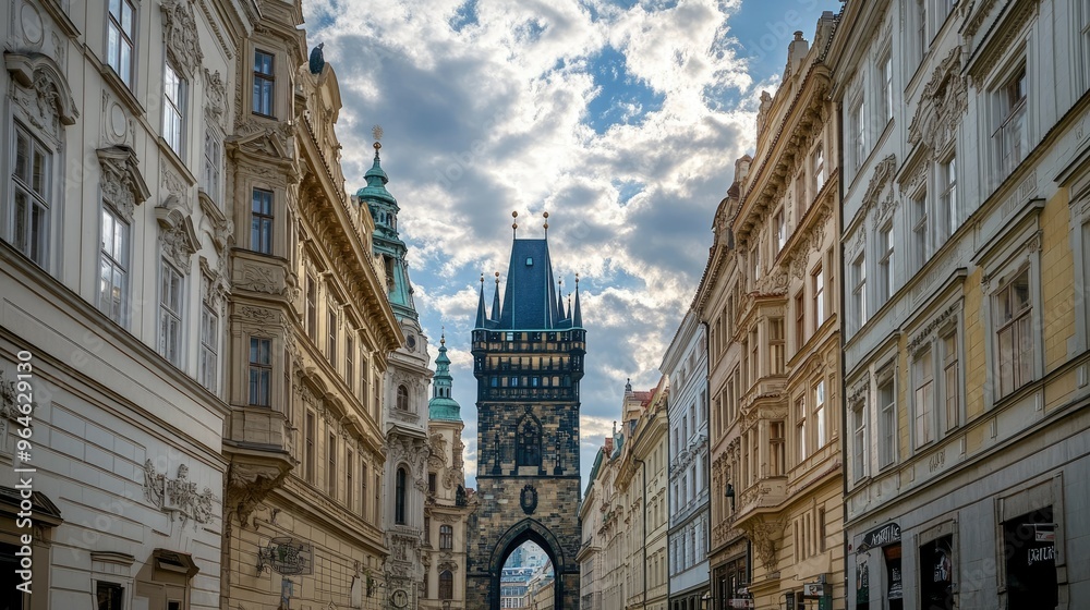 View of the Powder Tower, one of Prague's original city gates, with surrounding historic architecture.