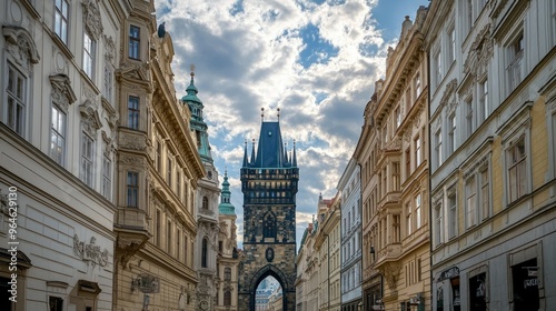 View of the Powder Tower, one of Prague's original city gates, with surrounding historic architecture.