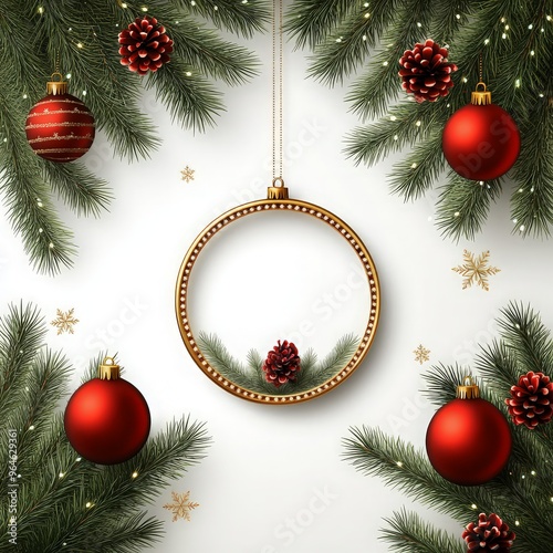 Christmas red background with realistic decoration round ring from glass light garland. Merry Christmas Greeting card. Happy new year. ai generated