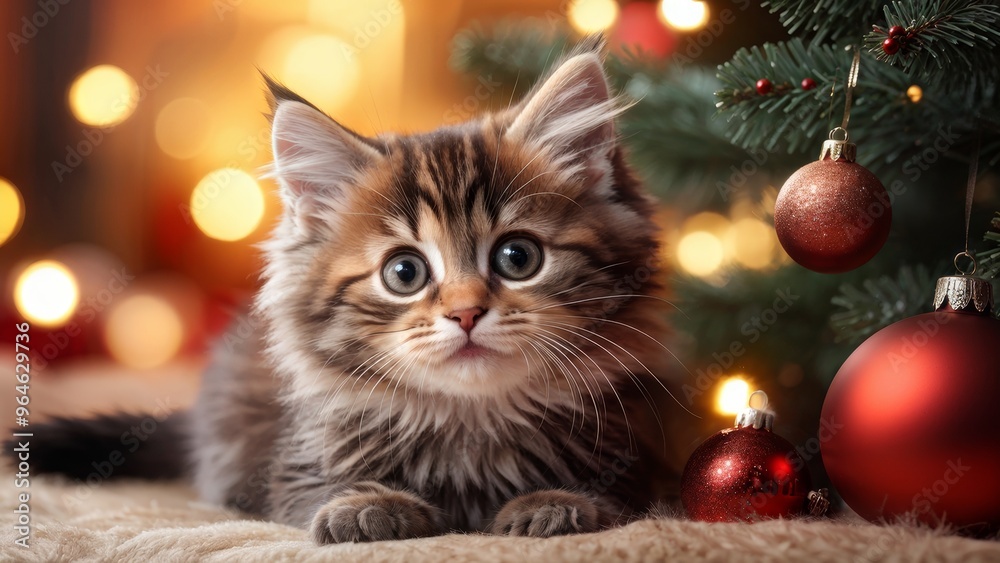 A charming kitten enjoying Christmas. Festive decorations, Christmas tree. A charming kitten enjoying Christmas. Festive decorations, Christmas tree.