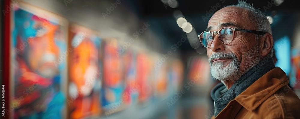 An artist exhibiting their paintings at a gallery opening, face proud and humbled by the recognition of their work.