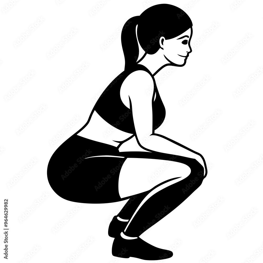 Squat Pose Women Fitness Workout Side view silhouette vector illustration