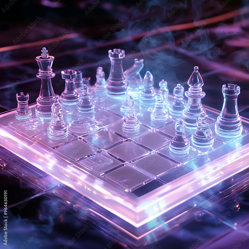 Chess game with color-changing virtual pieces on a transparent glassboard in a high-tech setting