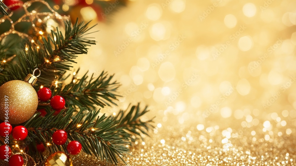 Obraz premium A festive arrangement featuring Christmas decorations, including ornaments and greenery, set against a shimmering golden background.