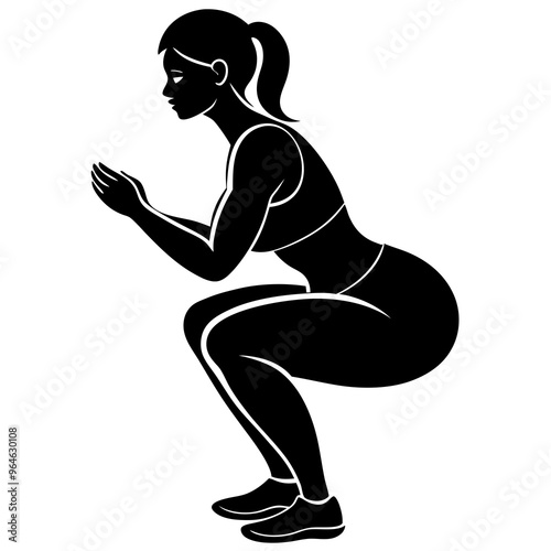 Squat Pose Women Fitness Workout Side view silhouette vector illustration