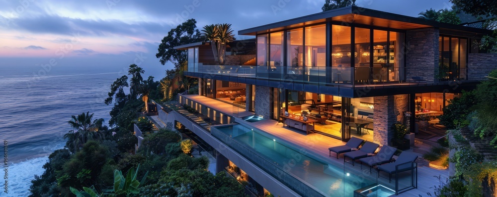 Fototapeta premium Cliffside mansion with expansive glass walls.